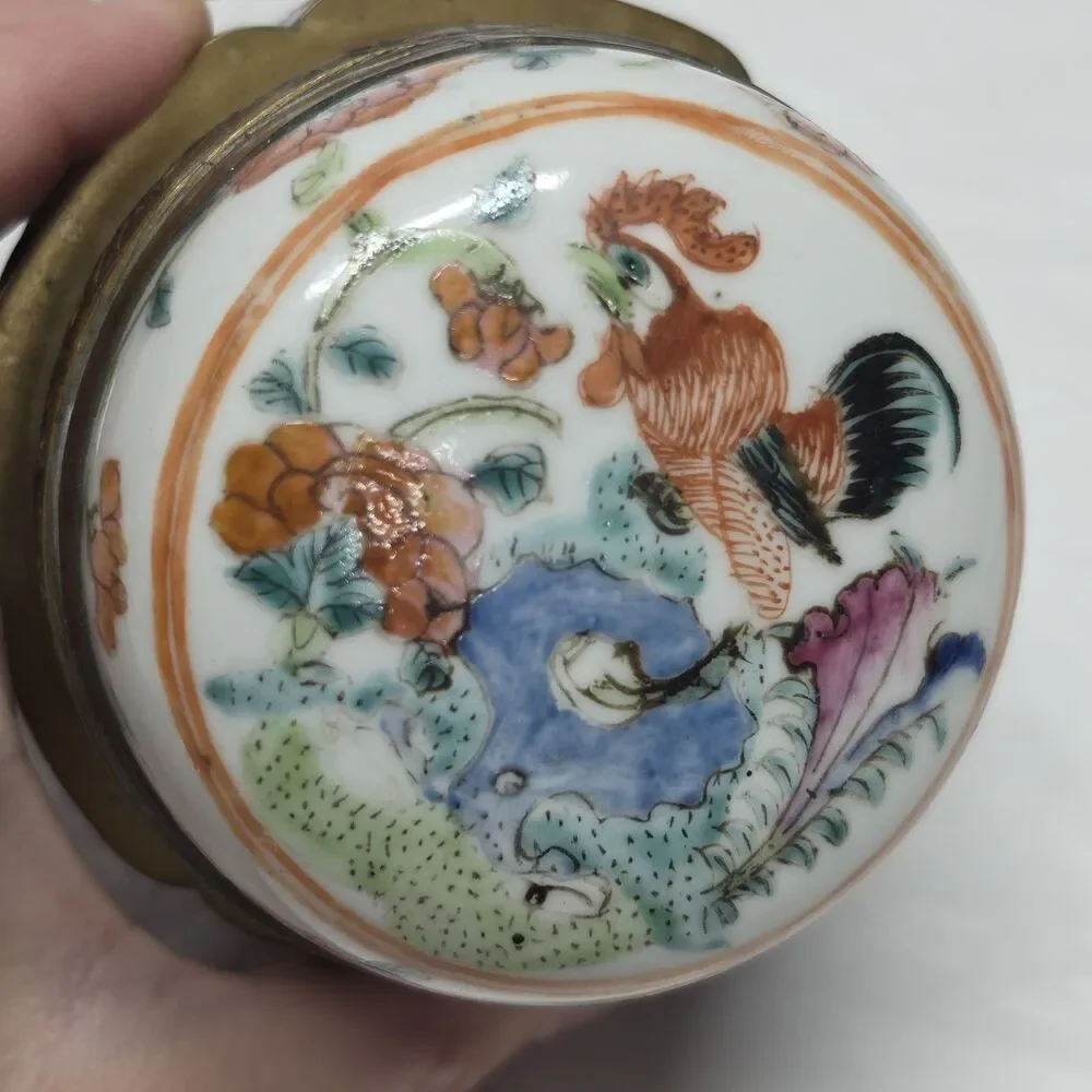 Antique Vintage Chinese Tea Caddy Snuff Trinket Box Brass Enamel Porcelain Lid